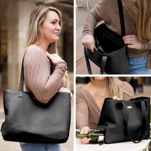 Load image into Gallery viewer, Genuine Leather Tote With Insulated Wine Bottle Pocket - Black