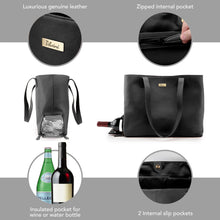 Load image into Gallery viewer, Genuine Leather Tote With Insulated Wine Bottle Pocket - Black