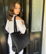 Load image into Gallery viewer, Genuine Leather Tote With Insulated Wine Bottle Pocket - Black