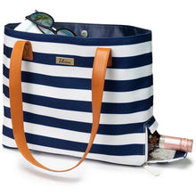 Load image into Gallery viewer, Striped Canvas Beach Bag With Insulated Wine Bottle Pocket - Nautical