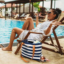 Load image into Gallery viewer, Striped Canvas Beach Bag With Insulated Wine Bottle Pocket - Nautical