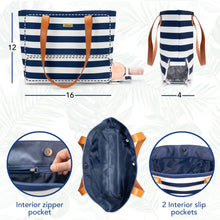 Load image into Gallery viewer, Striped Canvas Beach Bag With Insulated Wine Bottle Pocket - Nautical