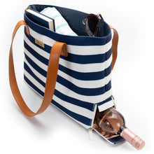 Load image into Gallery viewer, Striped Canvas Beach Bag With Insulated Wine Bottle Pocket - Nautical