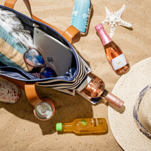 Load image into Gallery viewer, Striped Canvas Beach Bag With Insulated Wine Bottle Pocket - Nautical