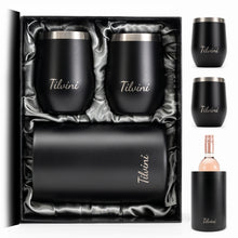 Load image into Gallery viewer, Wine Tumblers & Insulated Wine Bucket Silk Gift Box Set - Black