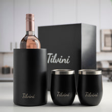Load image into Gallery viewer, Wine Tumblers & Insulated Wine Bucket Silk Gift Box Set - Black