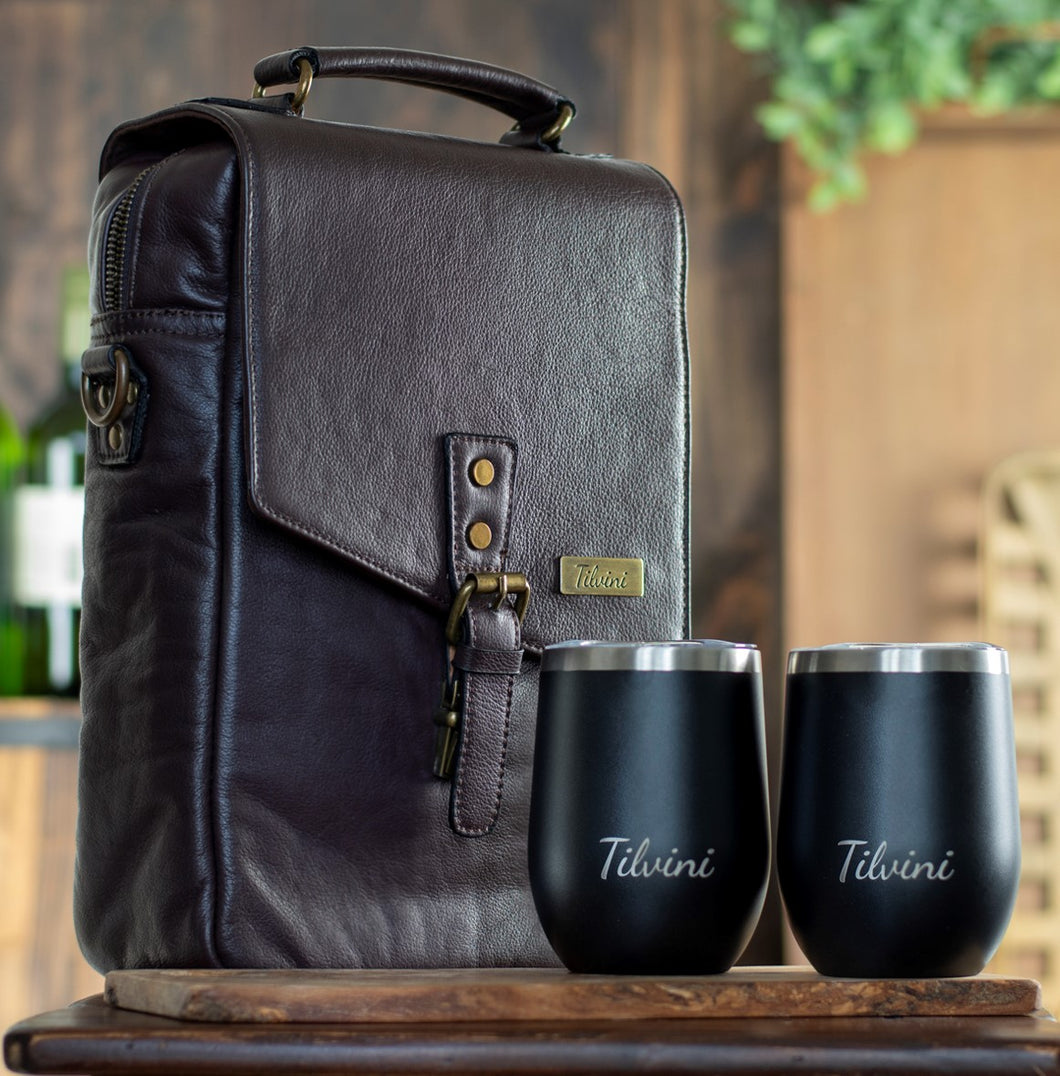 Genuine Leather Insulated Wine Carrier Bag & 2 Wine Tumblers - Brown