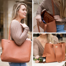 Load image into Gallery viewer, Genuine Leather Tote With Insulated Wine Bottle Pocket - Tan
