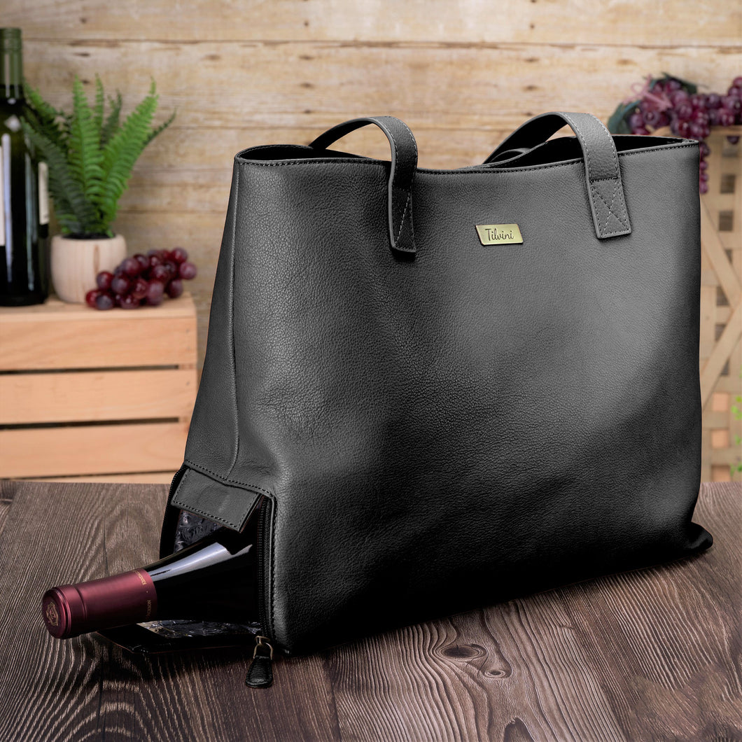 Genuine Leather Tote With Insulated Wine Bottle Pocket - Black