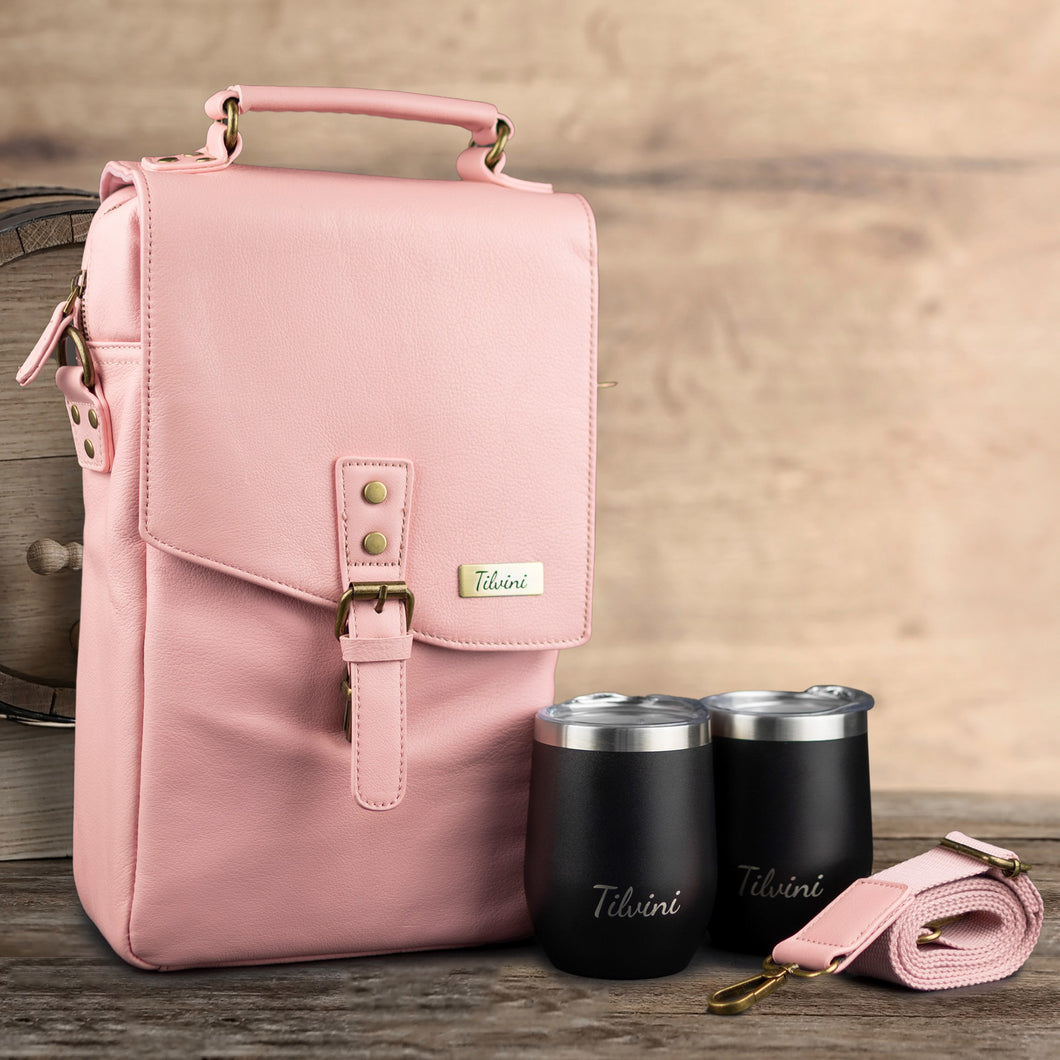 Genuine Leather Insulated Wine Carrier Bag & 2 Wine Tumblers - Pink