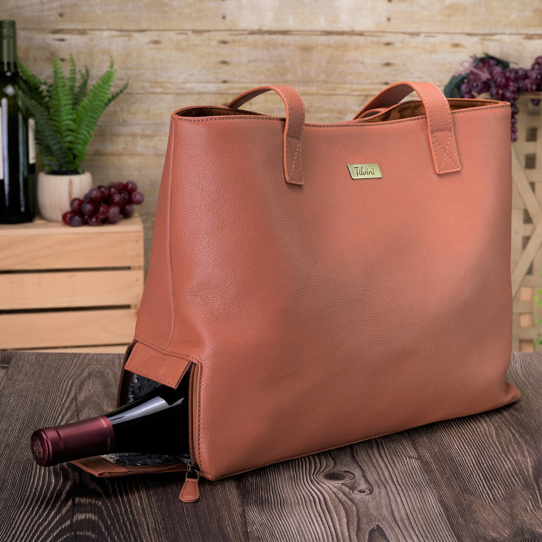 Genuine Leather Tote With Insulated Wine Bottle Pocket - Tan
