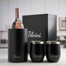 Load image into Gallery viewer, Wine Tumblers &amp; Insulated Wine Bucket Silk Gift Box Set - Black
