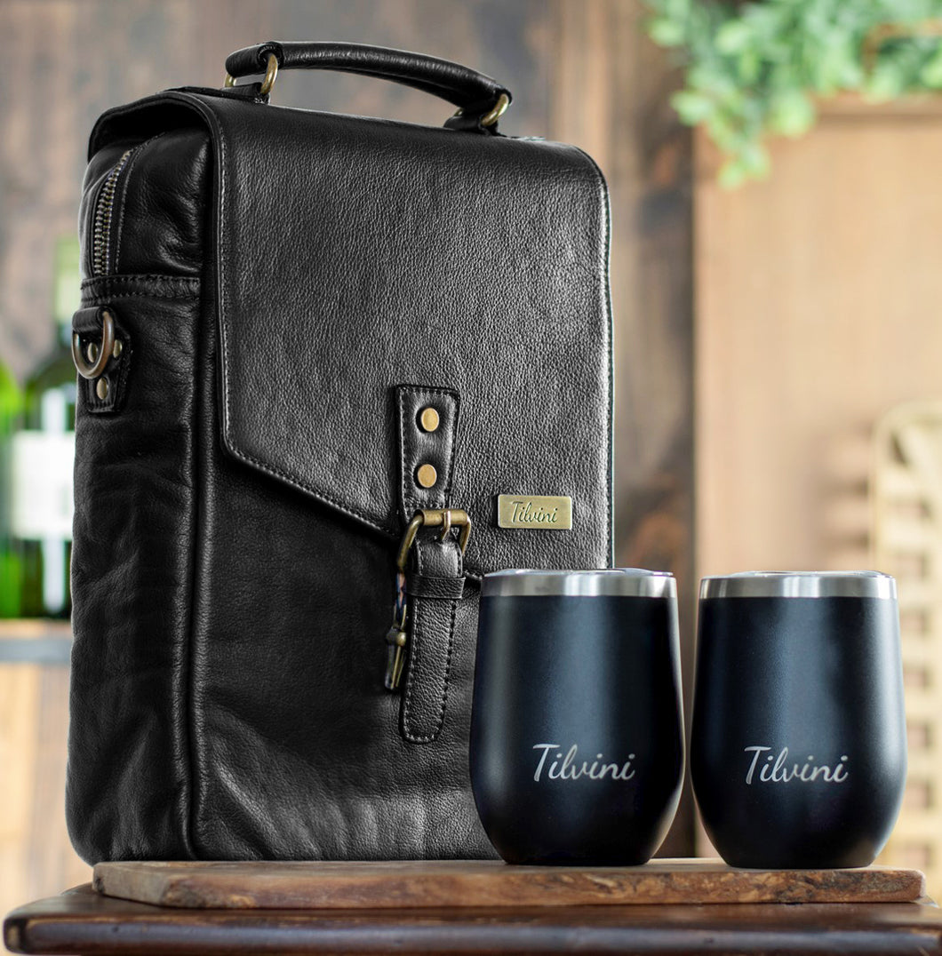 Genuine Leather Insulated Wine Carrier Bag & 2 Wine Tumblers - Black
